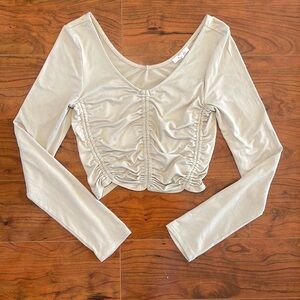 Timing Tan Ruched V Neck Cropped Long Sleeve Blouse Shirt Top